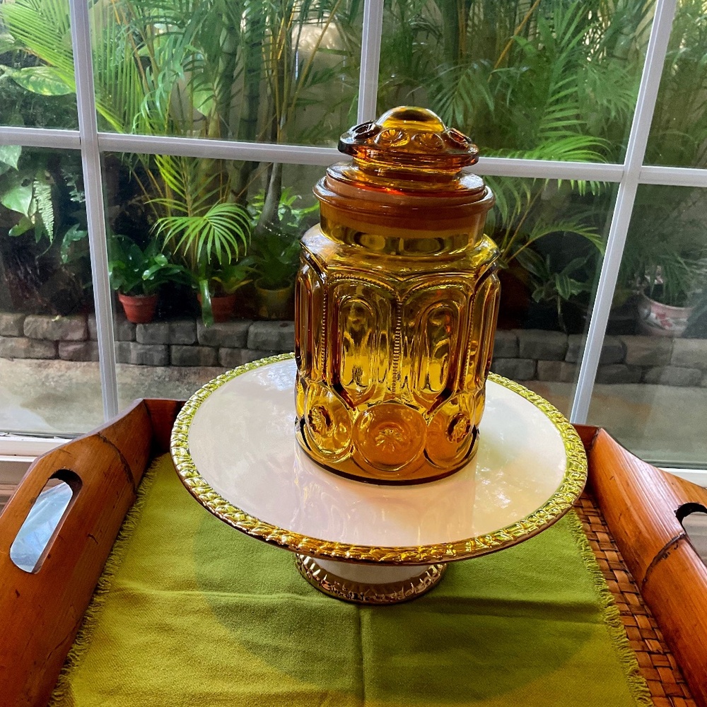Vintage L.E. Smith Moon & Stars Amber Glass Large Canister w/Lid Circa 1970s